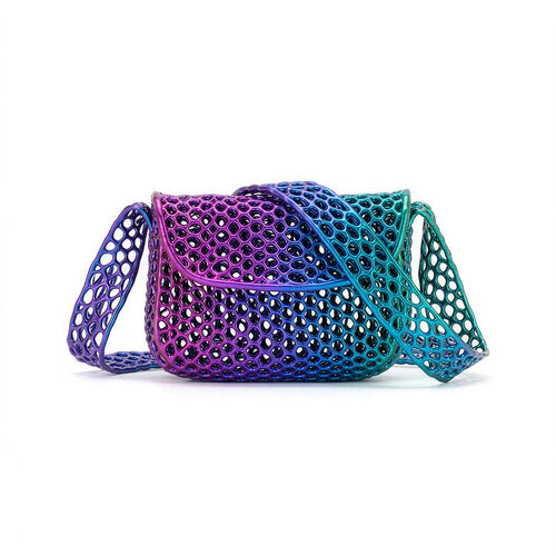 ORBIT MINI 3D printed lattice crossbody bag, iridescent violet to cyan